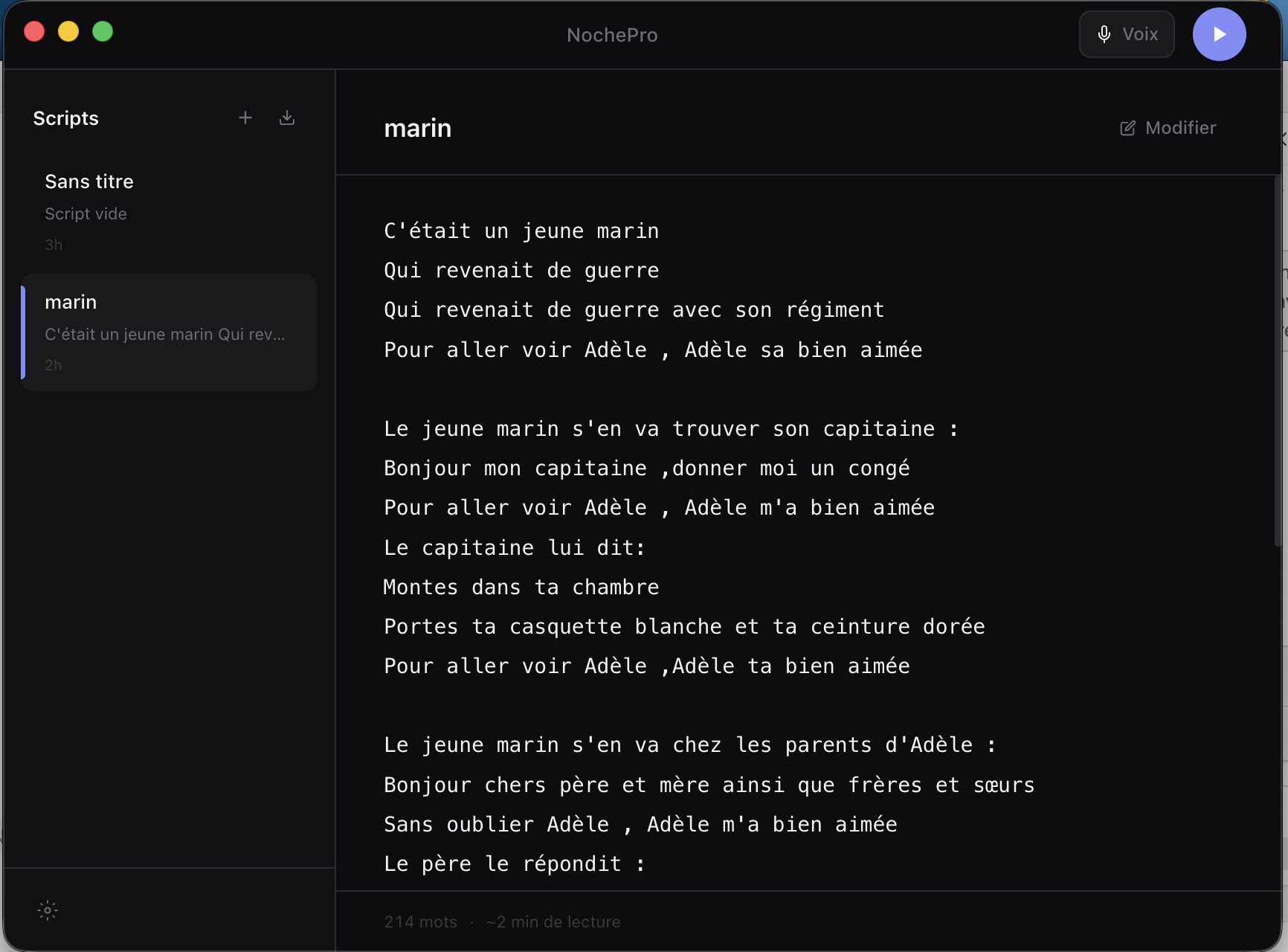 Éditeur de scripts NochePro — fenêtre principale avec liste de scripts et contenu